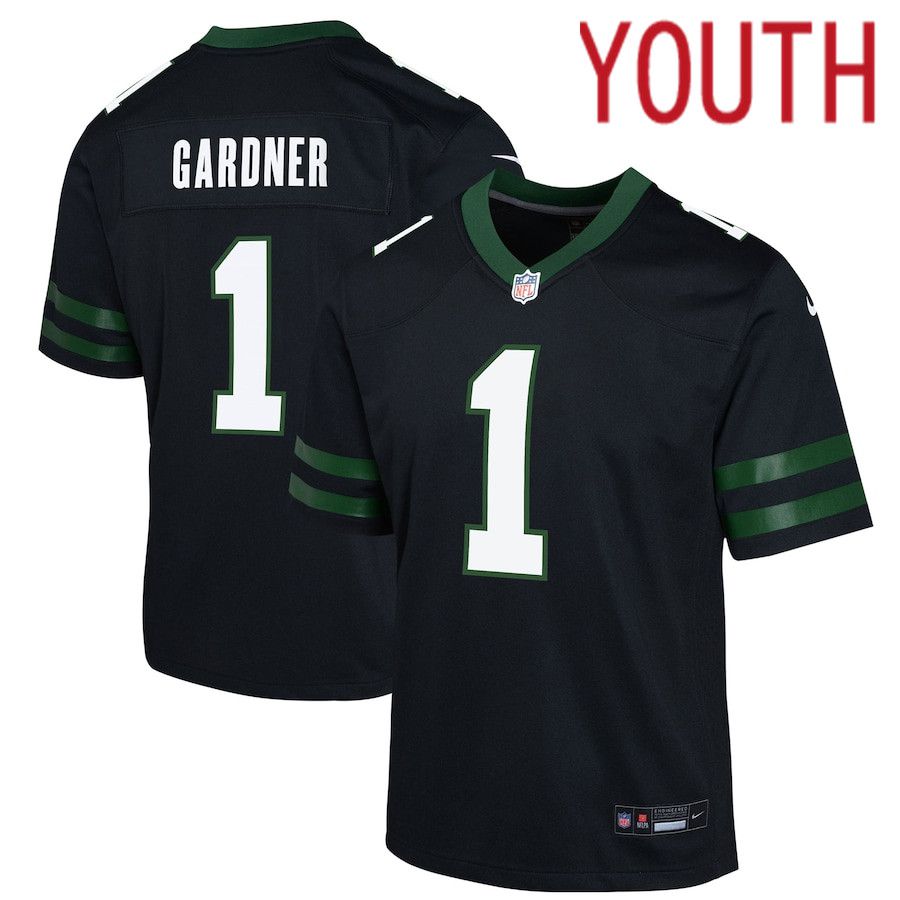 Youth New York Jets #1 Ahmad Sauce Gardner Nike Legacy Black Alternate Game NFL Jersey